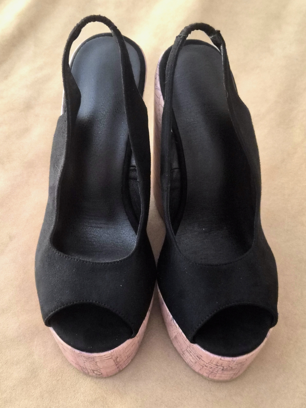 Black Suede Peep-Toe Platform Wedges with Cork Heel - Picture 5 of 6